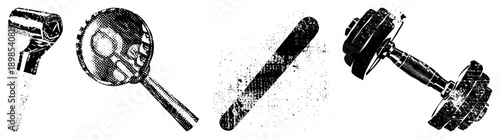 Retro style fitness equipment set with hair dryer, magnifying glass, and dumbbell, stylized halftone vector graphic, isolated gym accessories.