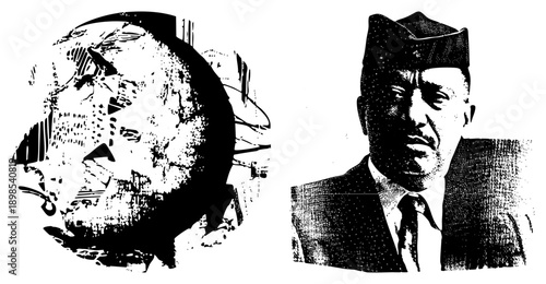 Black and white halftone portrait of a man in military cap and suit, paired with abstract globe graphic, stylized vector art, isolated elements.
