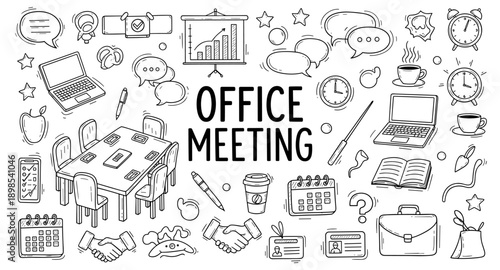 Doodle style office meeting elements including table, chairs, laptops, and coffee cups