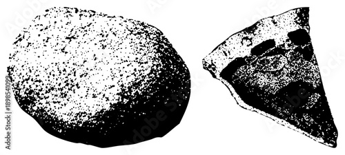 Textured stone boulder and broken ceramic, halftone dot, archaeological fragments, ancient, geological specimen, vector illustration.