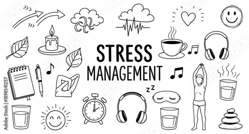 Stress management doodles and icons representing relaxation and well-being