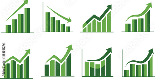 Green Business Growth Chart Icon Set with Upward and Downward Bar Graphs, Financial Analytics Symbols for Reports, Dashboards, and Presentations