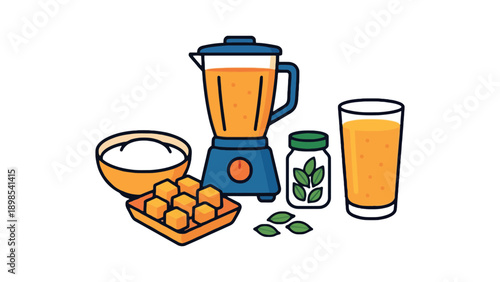 A colorful illustration of a blender with healthy ingredients and a glass of juice