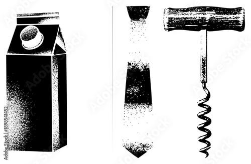 Classic halftone print style depicting milk carton, salt shaker, and corkscrew, kitchen essentials, retro graphic design, vector art.