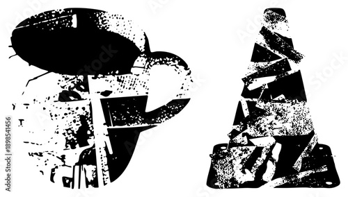 Graphic design featuring coffee mug and traffic cone, halftone, vector art, black and white, urban, isolated elements.