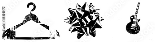 Classic wardrobe hanger with rustic grain, garment hook, closet organizer, apparel display, fashion accessory, black and white vector illustration.