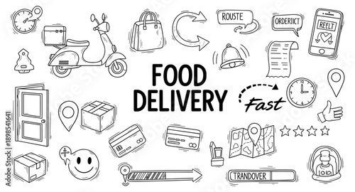 Doodle illustration of food delivery service elements and icons, emphasizing speed and convenience