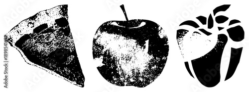 Retro styled halftone fruit and food, pizza slice, with stem, grapefruit with leaves, vector art, stylized food graphics.