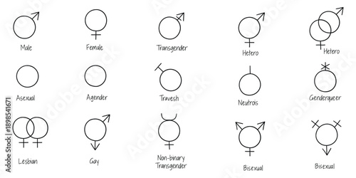 Hand-drawn doodle set of gender signs on a white background.