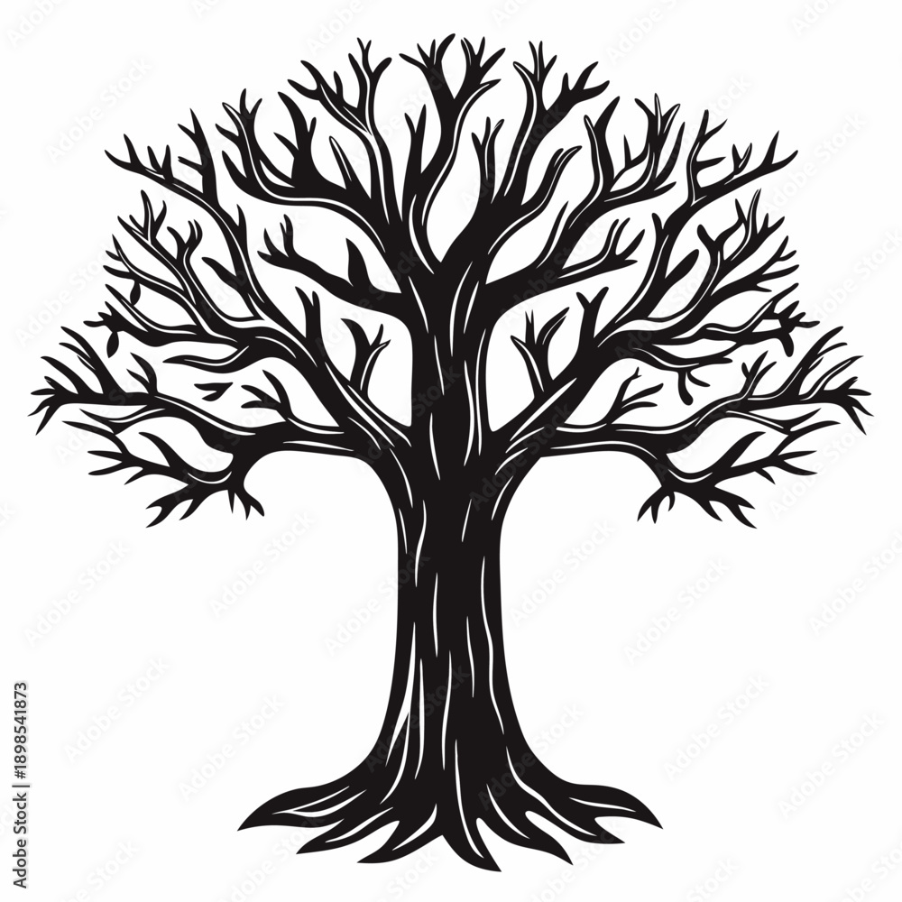 Obraz premium Black bare tree silhouette without leaves and exposed roots 