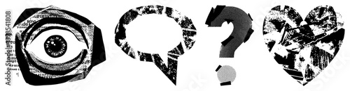 Graphic symbols rendered in halftone texture eye, speech bubble, question mark, heart. Vector art with fragmented, textured style. Ideal for UI, branding, or conceptual design.