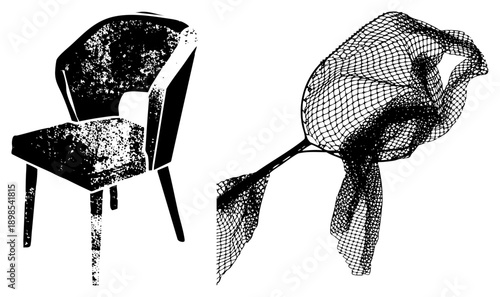 Stylized chair with distressed texture paired with draped net fabric, graphic design elements, vector art, isolated objects, artistic composition.