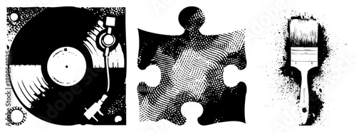 Black and white halftone vector turntable, jigsaw puzzle, paintbrush. Graphic elements for creative, music, or art themes. Isolated vector symbols with textured.