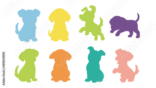 A colorful illustration of eight dog silhouettes in various poses and hues