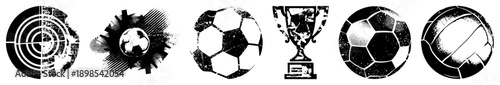 Distressed black and white vector of soccer ball, trophy, and volleyball with halftone textures, ideal for sports branding or graphic design projects.