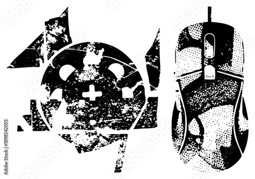 Retro gaming controller with directional pad and buttons, paired with ergonomic mouse, both rendered in distressed halftone style, ideal for pixel art or UI design.