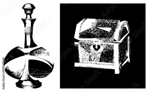 Ornate glass decanter with stopper and textured base, open wooden treasure chest with keyhole, halftone style, isolated vector graphics.