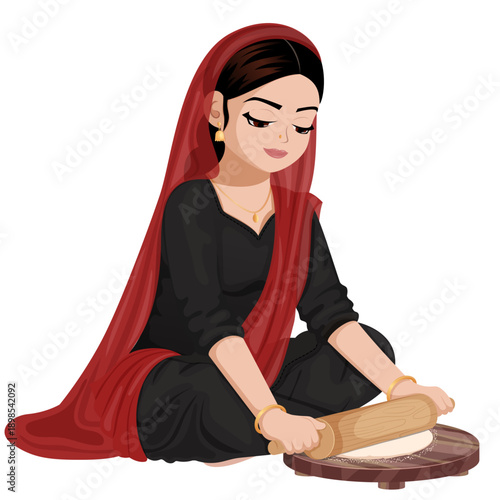 Village Woman Rolling Dough on Wooden Board Using Rolling Pin, Isolated Lifestyle Character Vector Illustration for Traditional Indian Cooking.