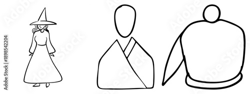Simplified human silhouettes with distinct attire witch, kimono, and cloak. Hand drawn vector, flat design, character concepts, costume sketches.