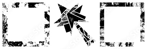 Distressed black frames with torn edges, starburst arrow, vector design elements, graphic, abstract shapes, urban aesthetic, digital art assets.
