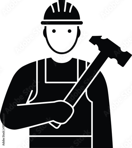 Construction worker silhouette icon, labor man with hard hat and hammer, industrial job vector illustration, safety design, cad drawing flat vector illustration