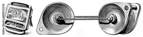 Retro portable radio playing FM broadcast, spool driven system, vintage electronics, analog sound device, mid century design, FM receiver, cassette style playback.