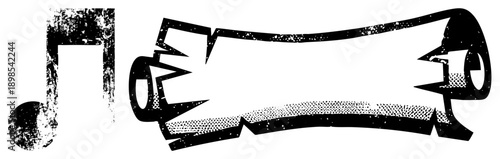 Stylized musical note and drumstick with distressed texture, graphic design symbols, retro music elements, vector art, black and white illustration.