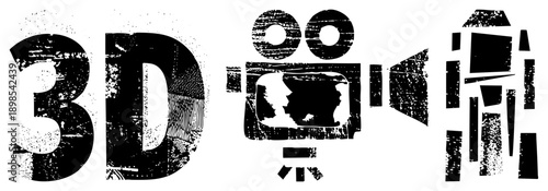 Distressed 3D text, vintage film camera, robotic figure bold black vector with gritty texture, digital art, graphic design elements.