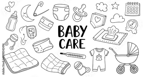 Collection of baby care essentials and items for newborn infant care