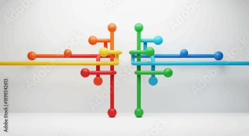 3D Render of Abstract Colorful Network Structure. Interweaving Tubes and Spheres Representing Data Flow, System Integration, Connectivity, and Business Collaboration.