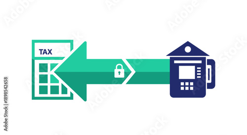 Secure Tax Payment Process Flow Illustration. Tax Calculator to Payment Kiosk with Padlock Symbol.