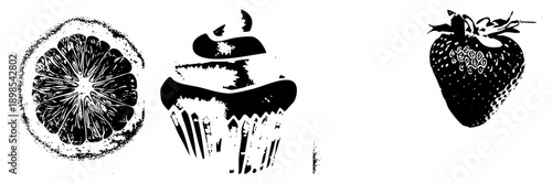 Vector illustrations of citrus section, frosted cupcake, and strawberry with textured, design, food, dessert elements, fruit graphics.