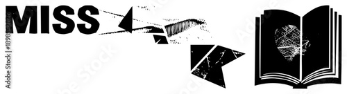 Graphic design featuring the word "MISS" with arrows directing to an open book containing a brain illustration, conveying missing knowledge or education concept.