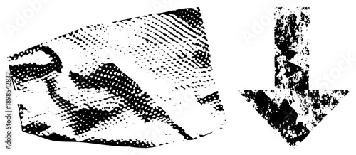 Black and white halftone graphic with arrow and angular form, vector art, isolated design, stylized shapes, graphic element, digital illustration.