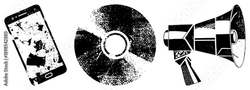 Damaged phone screen, scratched disc, loudspeaker, digital symbols, vintage graphic style, communication tools, tech decay.
