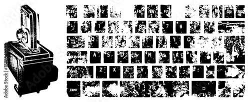 Antique manual typewriter beside worn halftone letterforms, retro typography, distressed typeface, vintage printing, mechanical keyboard, graphic, classic writing tool.