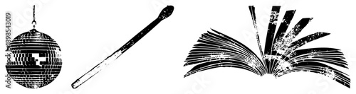 Three isolated vector disco ball with reflective tiles, matchstick with textured burn, open book with frayed pages. Flat design with distressed texture. Party, knowledge, ignition themes.