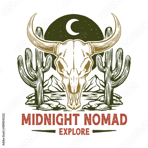Longhorn Bull Skull with Moon and Cactus Desert Scene