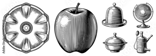 Classic engraved fruit slices and antique kitchen tools, vintage illustration, art, retro design, food and household items.
