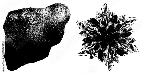 Black and white halftone forming organic blob and starburst shapes, vector art, graphic design elements, isolated foreground.