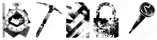 Classic timepiece with Roman numerals, ice pick tool, fragmented geometric shapes, distressed padlock, and thumbtack with swirl mark all in halftone vector style.