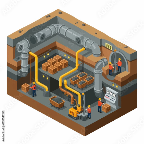Isometric underground factory with workers and machinery.