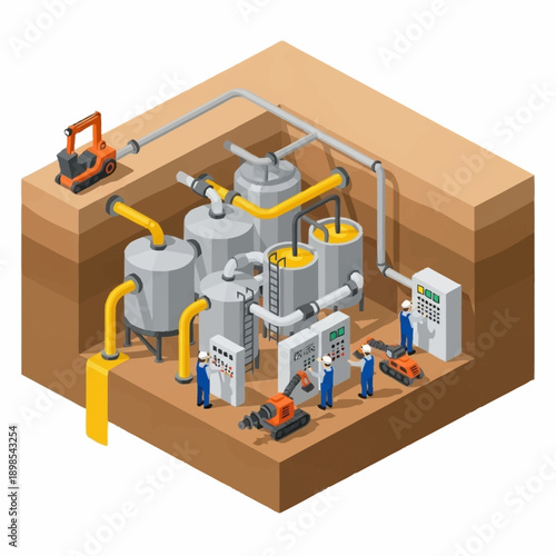 Isometric Underground Industrial Plant with Workers and Machinery.