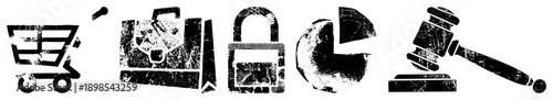 Set of distressed black shopping cart, briefcase, padlock, pie chart, gavel. Vector symbols for e commerce, finance, legal, and data. Isolated, cutout, rgba.