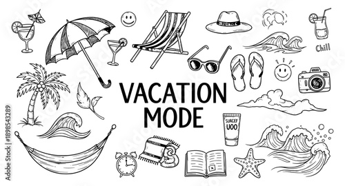 Vacation mode doodle collection with beach and travel essentials