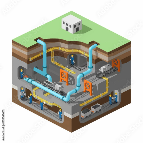 Isometric Underground Mine with Workers and Equipment.