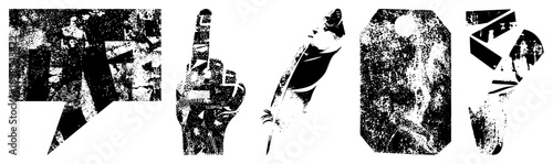 Retro halftone vector including speech bubble, raised fist, quill feather, skull, and geometric shape,, stylized, graphic design elements.