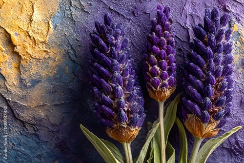 Lavender Flowers Against Textured Purple and Yellow Background for Nature-Themed Designs