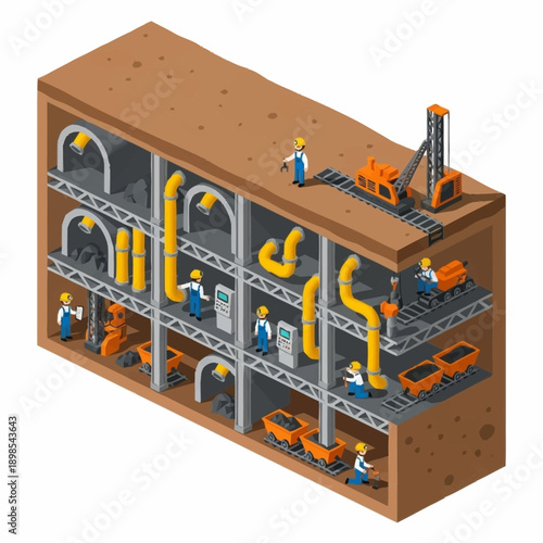 Isometric Underground Mine with Workers and Equipment.