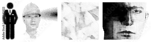 Black and white halftone portraits and silhouettes, stylized human forms, graphic design elements, dot matrix art, vintage print aesthetic.